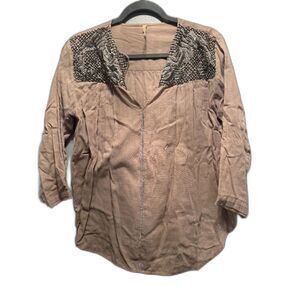 Dear Sam Beige Blouse with Sequined Shoulder Detailing – Women's Size M